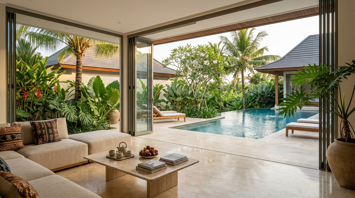 Transisi lantai seamless antara interior dan eksterior rumah mewah modern